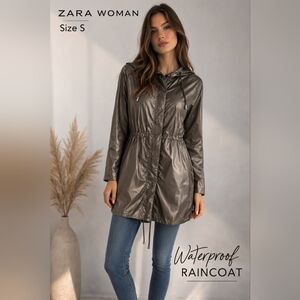 Zara Women Windbreaker Raincoat Green Metallic Lightweight Hooded Jacket Size S